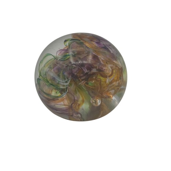 Hand Blown Glass Paperweight Multicolor Swirl Pattern Decorative Sphere - Picture 3 of 4